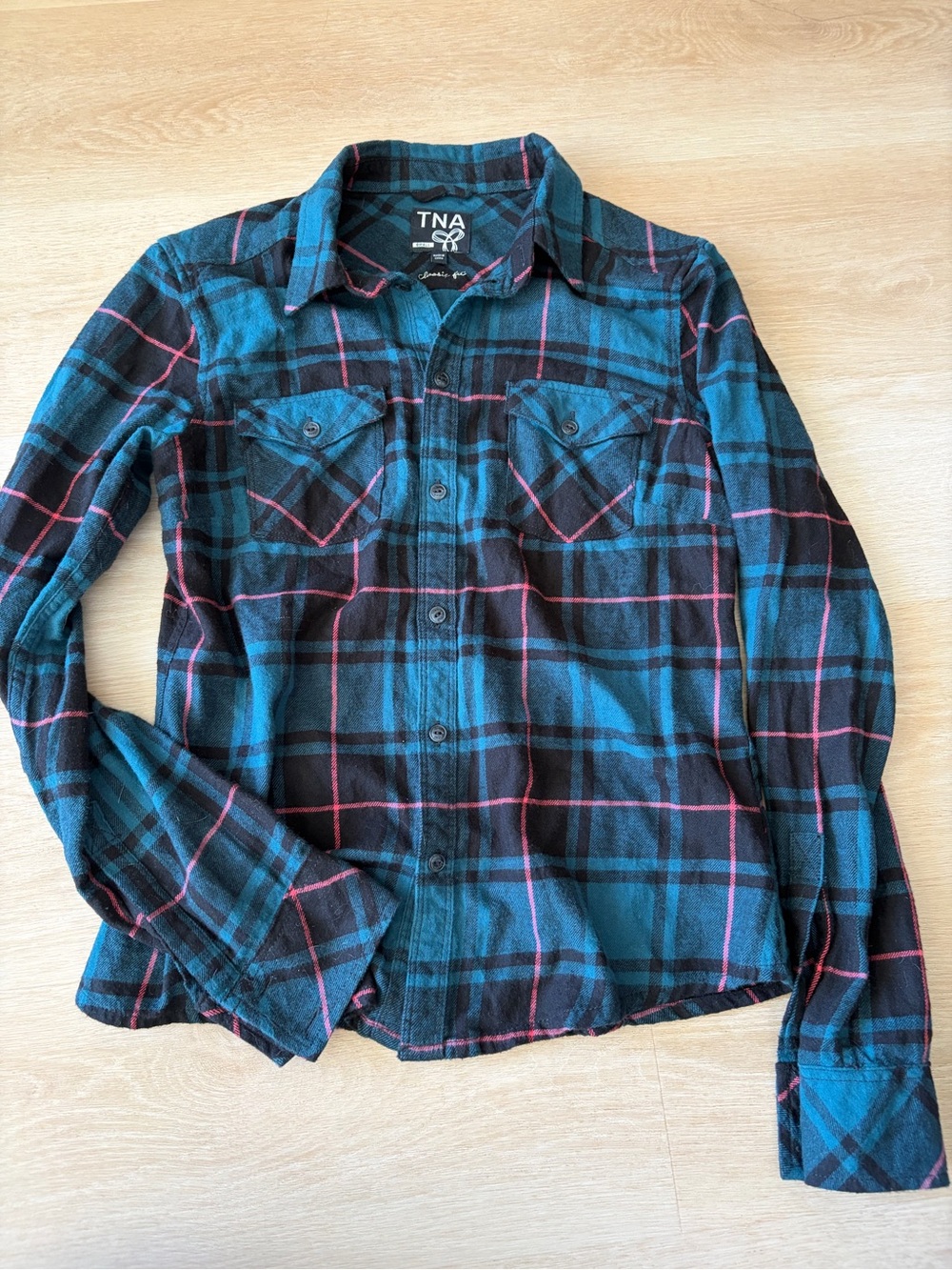 TNA Aritzia Classic Fit Plaid Flannel Shirt Teal Pink Size S